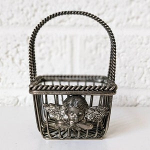 Small Vintage Woven Metal Basket with Cherub and Handle