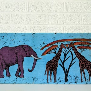 Vintage Mounted Batik with Elephant, Giraffes, and Baobab Tree |African Safari Art