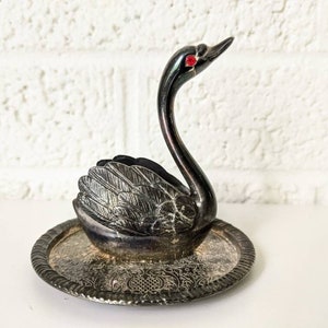 Vintage Swan Ring Holder Dish | EP Zinc Alloy Silver Swan with Red Rhinestone Eyes