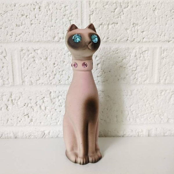 Siamesische Katze | Kalifornische Keramik | Strass-Augen und Halsband | Mid-Century Katzen Figur