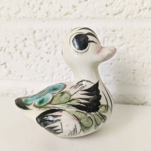 Vintage Tonala Mexico Ente Figur | Miniatur Vogel, Weiß mit Schwarz und Blau Grün Blume
