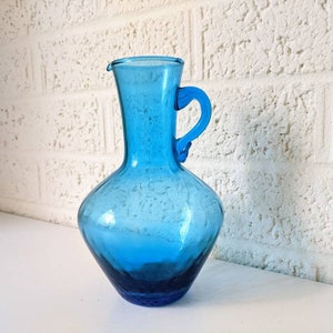 Small Vintage Blue Glass Cruet or Pitcher Vase