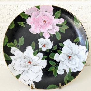 Vintage Hutschenreuther Selb Hand Painted and Signed Decorative Plate | Pink and White Flowers on Dark Background | 1952 | Bavaria Germany