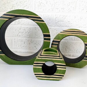 Vintage träteljushållare med cirklar | Grön med ränder bild 3