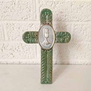 Vintage Pottery Cross for Wall or Tabletop | Christian Wall Art | Green Cross with Communion Chalice | First Communion