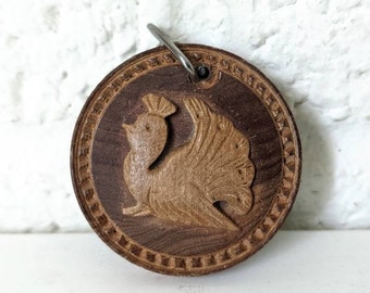 Small Vintage Wooden Keychain with Carved Peacock | Wooden Medallion