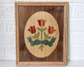 Vintage Framed Stained Wood Art | Still Life Wall Art | Tulips and Ribbon