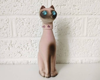 Vintage Siamese Cat | California Pottery | Rhinestone Eyes and Collar | Mid-Century Cat Figurine