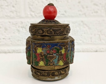 Vintage Tea Caddy, Chinese Brass Enameled Snuff Tea Storage Jar