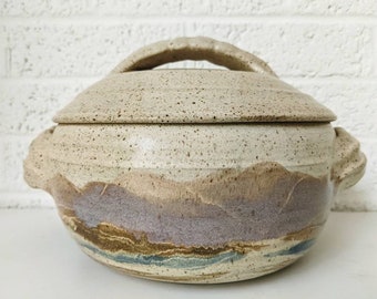 Textured Butterfly Motif Large Vintage Handmade Ceramic Casserole Dish With Lid Blue Tan