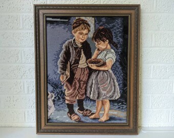 Vintage Framed Needlepoint Wall Art | Young Boy and Girl