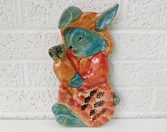 Vintage Glazed Ceramic Wall Art | Bunny with Carrot | Made in Italy