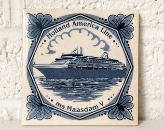 One Vintage Delft Blue Holland America Line Tile Coaster | Cruise Liner Souvenir | Nautical Decor