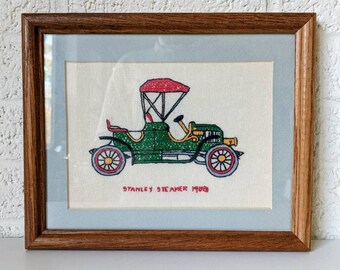 Framed Car Embroidery Wall Art | Stanley Steemer 1908 Wall Decor | Antique Car Wall Hanging | Hand Embroidered Old Car | Vintage 50s Car Art