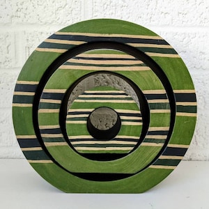 Vintage träteljushållare med cirklar | Grön med ränder bild 1