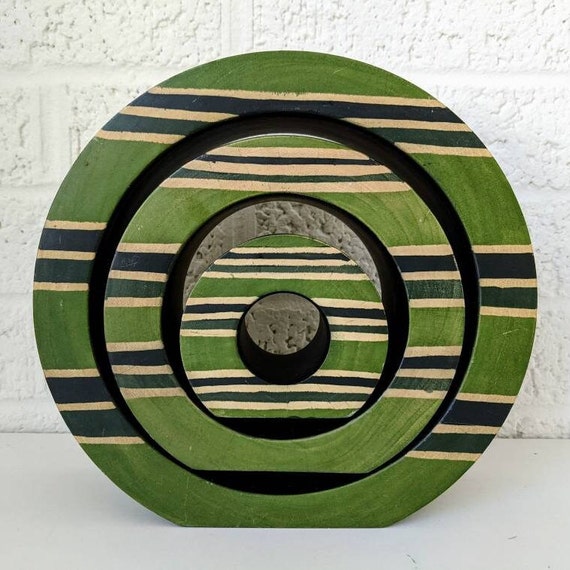 Vintage Wooden Nesting Circles Tea Candle Holders | Green with Stripes