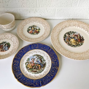 Set of Five Vintage Royal China Inc. Colonial Gold Courting Plates and Teacup and Saucer