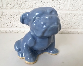 Small Vintage Blue Bulldog Planter | Rosemeade Pottery North Dakota | Dog Planter