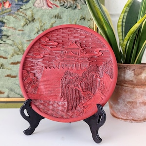Vintage Chinese Cinnabar Lacquer Dish with Garden Scene