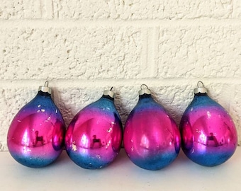 Set 4 Vintage Worn Glass Ornaments | Christmas Tree Ornaments | Glass Ornaments | Pink and Purple
