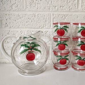 Vintage Hand Painted Tomato Juice Carafe and Set of Six Cups | Tomato Pitcher and Glasses | Mid-Century Farmhouse Juice Set