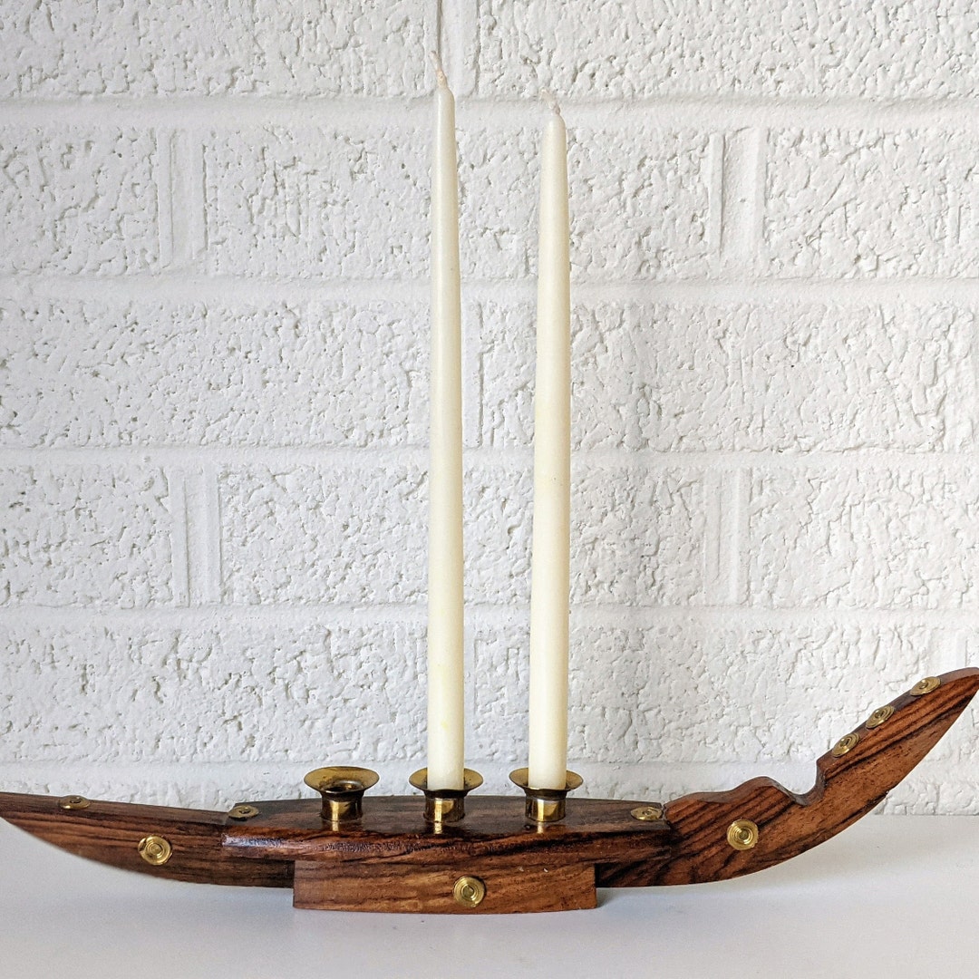 Vintage Wood Gondola Boat Candle Holder Snake Boat or Sampan Wooden