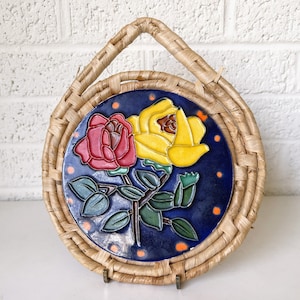 Vintage Hanging Tile Trivet | Roses on Blue Background | Decorative Tile Trivet in Woven Frame