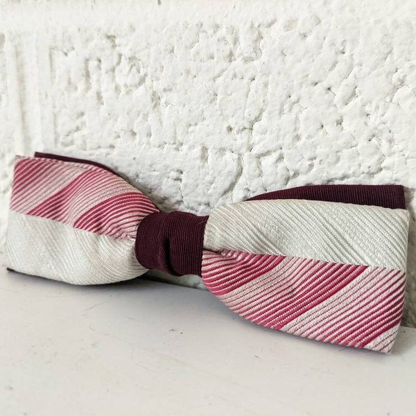 Vintage Ormond NYC Clip On Bow Tie | Maroon and White Silk with Pink Stripes and White Chevron Stripes