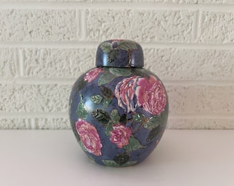 Vintage Ginger Jar With Lid | Tea Jar | Urn | Blue with Pink Flowers