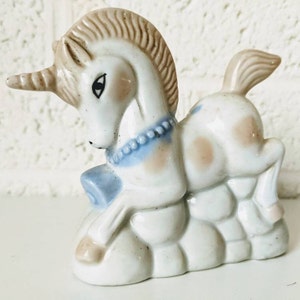 Vintage Ceramic Unicorn Figurine | White, Pastel Blue, Green, Brown | Nursery Décor