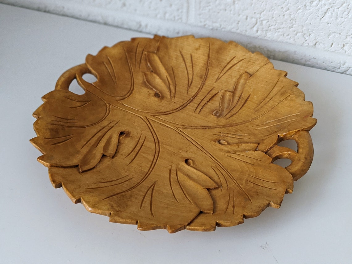 Vintage Hand Carved Wooden Leaf Tray With Two Handles Wood Etsy