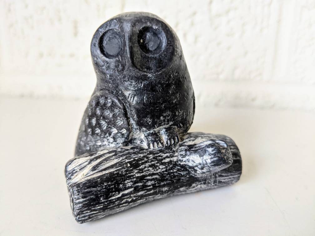 Vintage Wolf Original Owl on Log Figurine | Soapstone Owl | Made in Canada