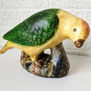 Vintage Tropical Bird Figurine | Green Yellow Parakeet | Pottery Bird