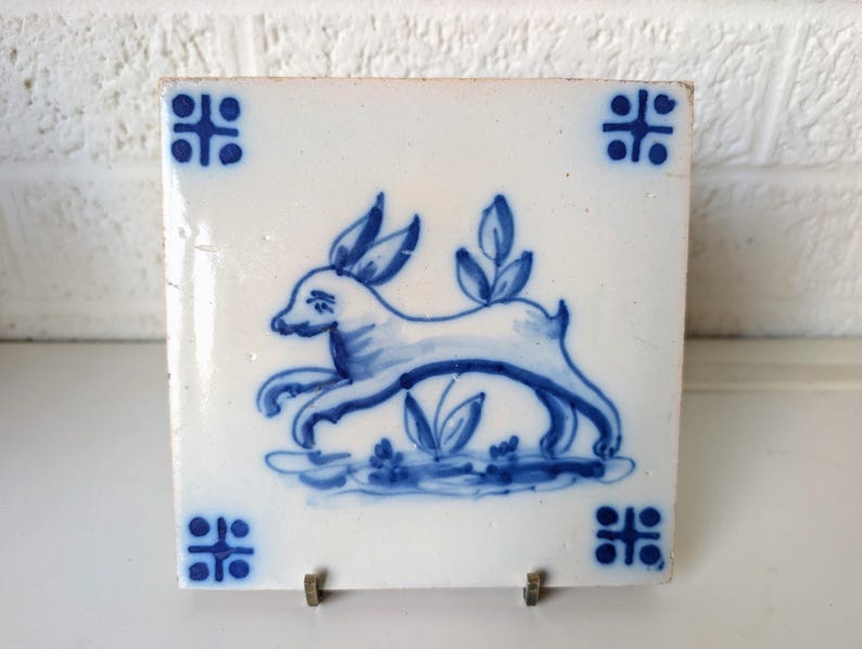Antique Delft Tile | Rabbit | Dots and Cross Corners - Etsy
