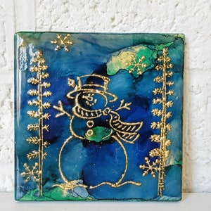 Vintage Hand Painted Art Tile | Snowman Coaster | Watercolor Effect | Winter Wonderland | Debbie Berger Artist | Colorado Artist