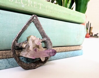 Vintage Amethyst Cluster Pendant | Crystal Pendant | Silver Tone Frame