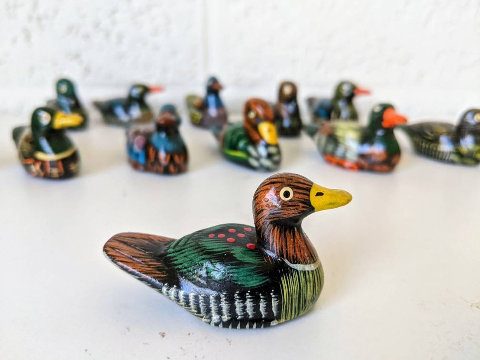 Vintage Dozen Ducks Hand Painted Clay Miniature Duck Decoy Etsy