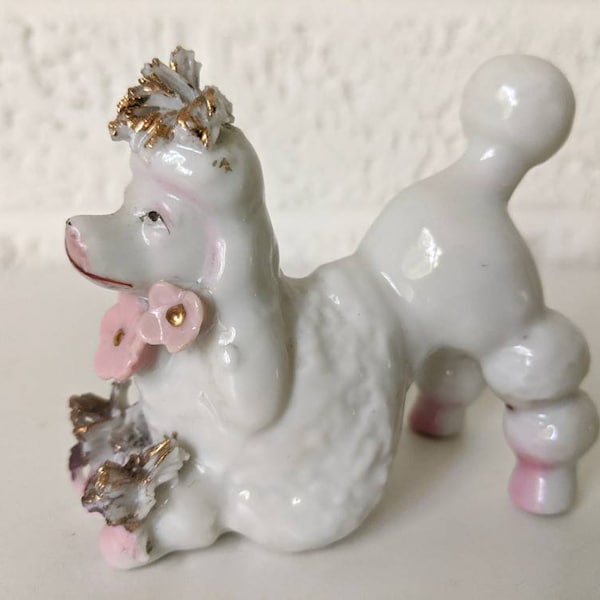 Vintage White Porcelain Poodle Figurine with Spaghetti Hair Gold Accents