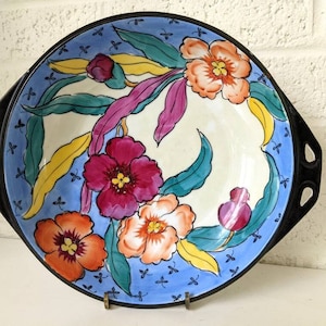 Large Vintage Noritake Morimura Bowl with Beautiful, Vivid Flowers | Noritake M Bowl with Black Handles