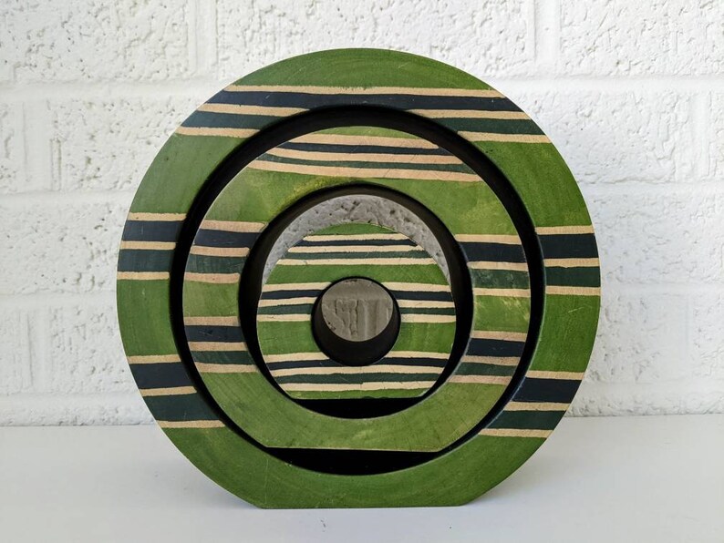 Vintage träteljushållare med cirklar | Grön med ränder bild 8