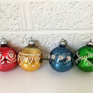 Set 4 Vintage Worn Glass Ornaments | Christmas Tree Ornaments | Glass Ornaments | Red, Blue, Green, Gold