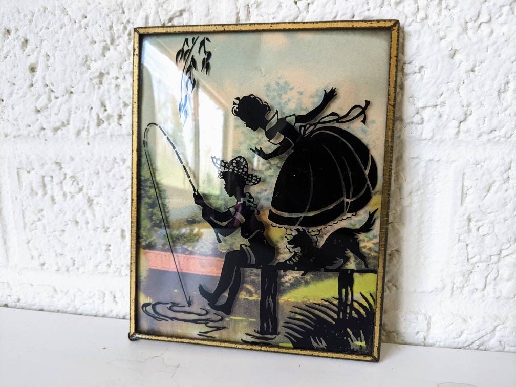 Vintage Silhouette Cameo Wall Art with Curved Glass Fishing Etsy