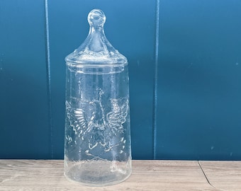 Vintage Glass Eagle Apothecary Jar with Lid | Bicentennial 1776-1976 American Eagle and Stars Clear Pressed Glass Apothecary
