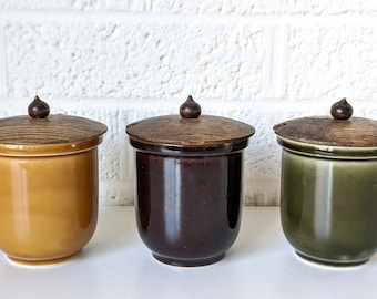Set Three Vintage Tea Canisters with Wooden Lids | Acorn Shaped Storage Containers | Japan