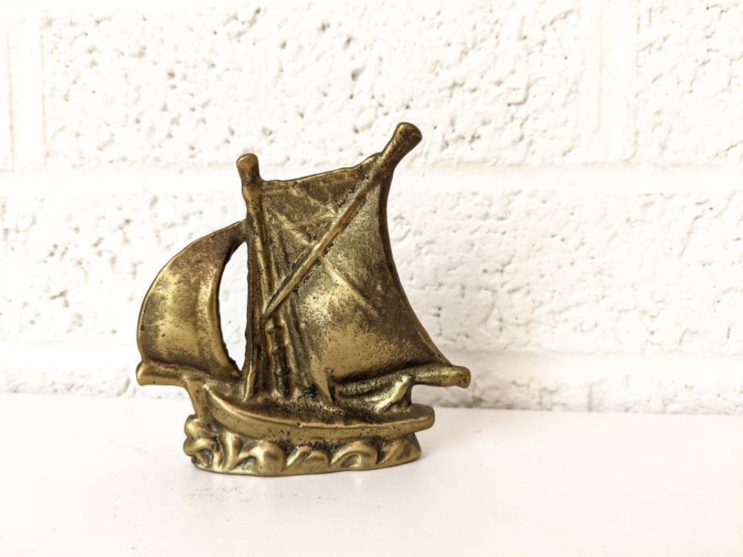 Small Vintage Brass Sailboat on Waves Figurine | MCM