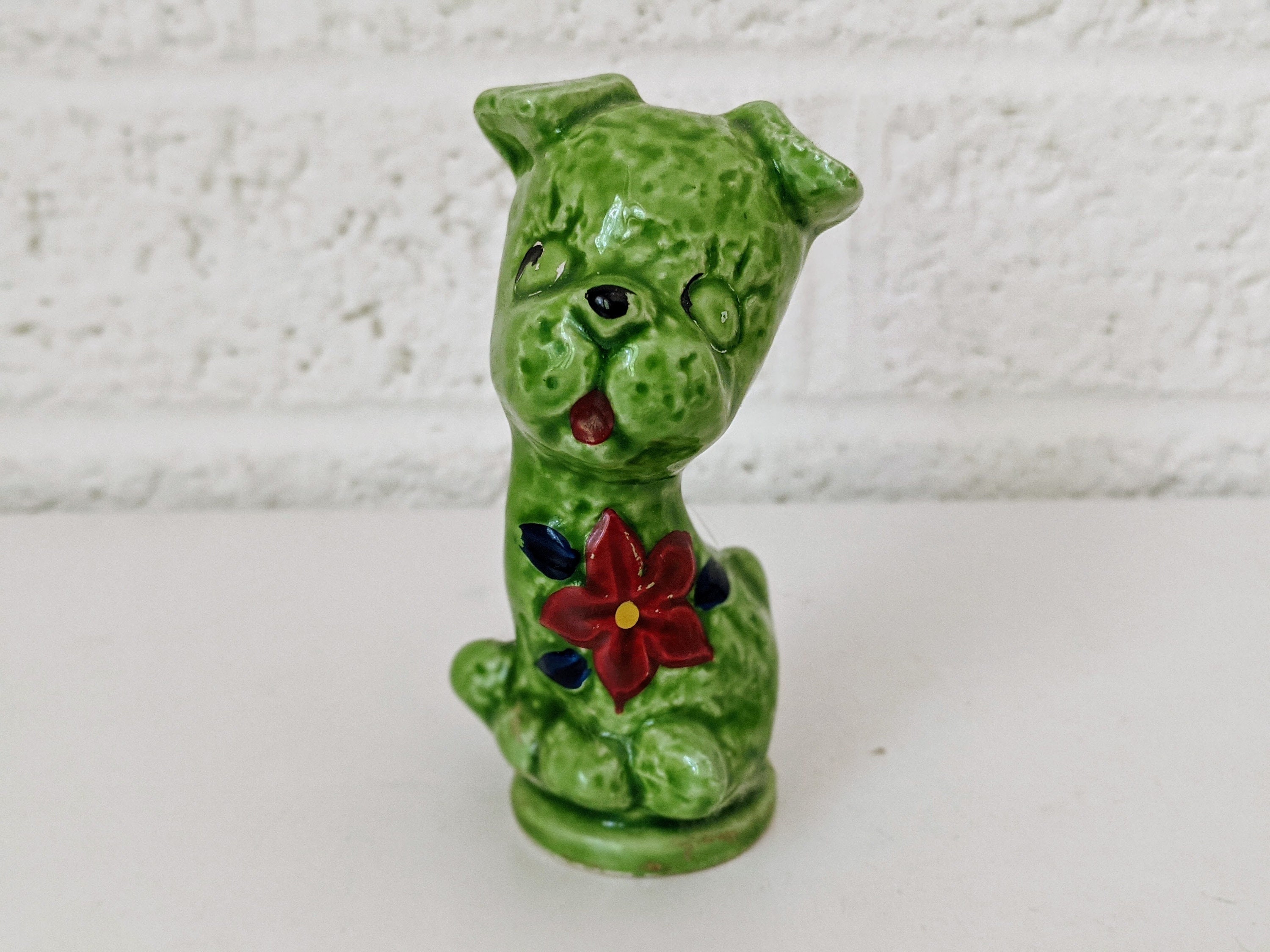 Vintage Ceramic Green Dog Figurine With Red Flower - Etsy 