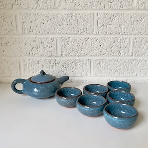 Vintage Pottery Tea Set | FIVE Tea or Sake Cups with Tea Pot