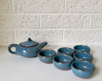 Vintage Pottery Tea Set | FIVE Tea or Sake Cups with Tea Pot