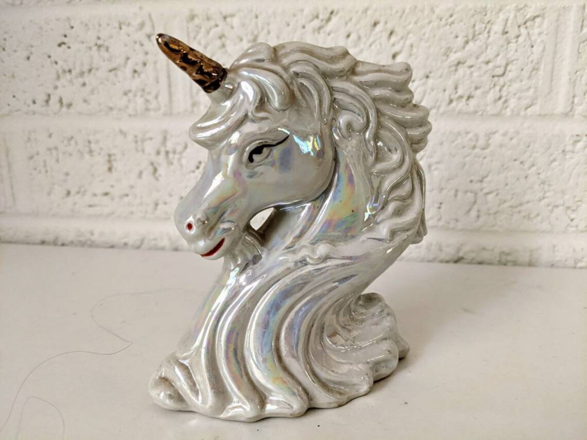 Vintage Iridescent Ceramic Unicorn Head Figurine Etsy