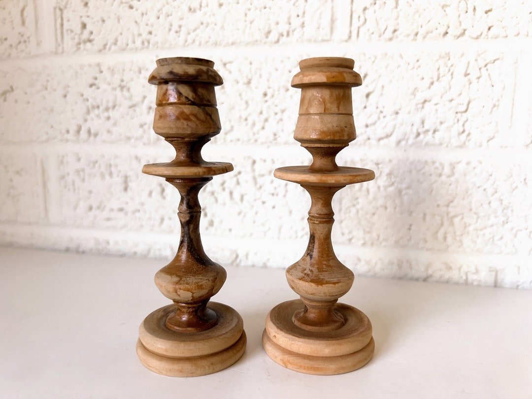 Pair Vintage Havdalah Candle Holders Olive Wood Hand Etsy